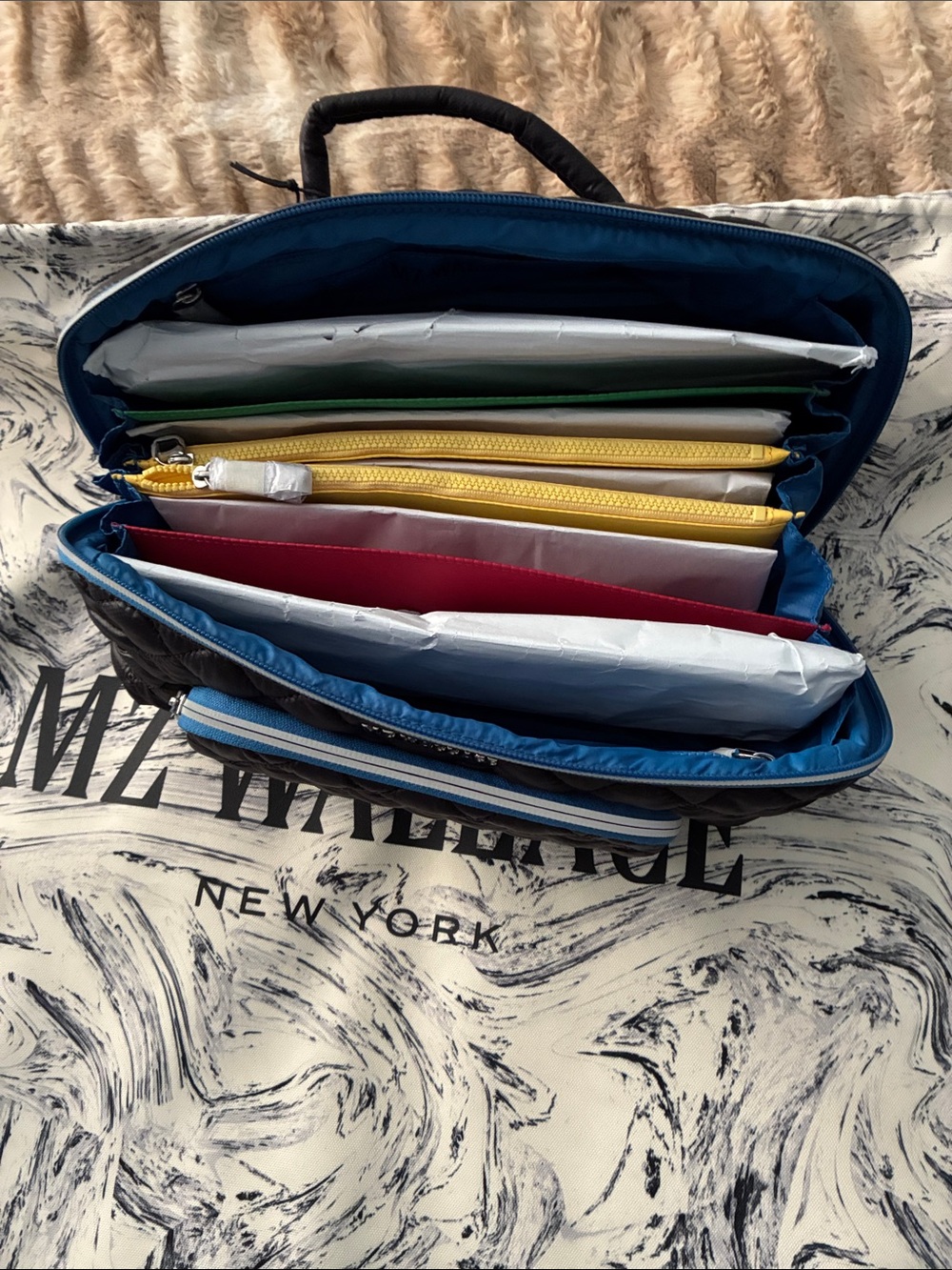 NWT MZWallace LIMITED EDITION X SPLITS59 Black/Blue Trim Accordion Cosmetic Bag. - Picture 7 of 10